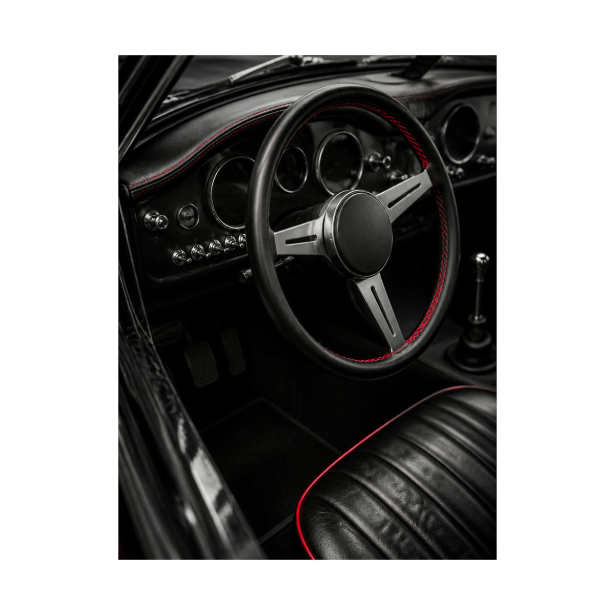 Red Stitch Cockpit - Classic Car Interior Wall Art | Matte Poster