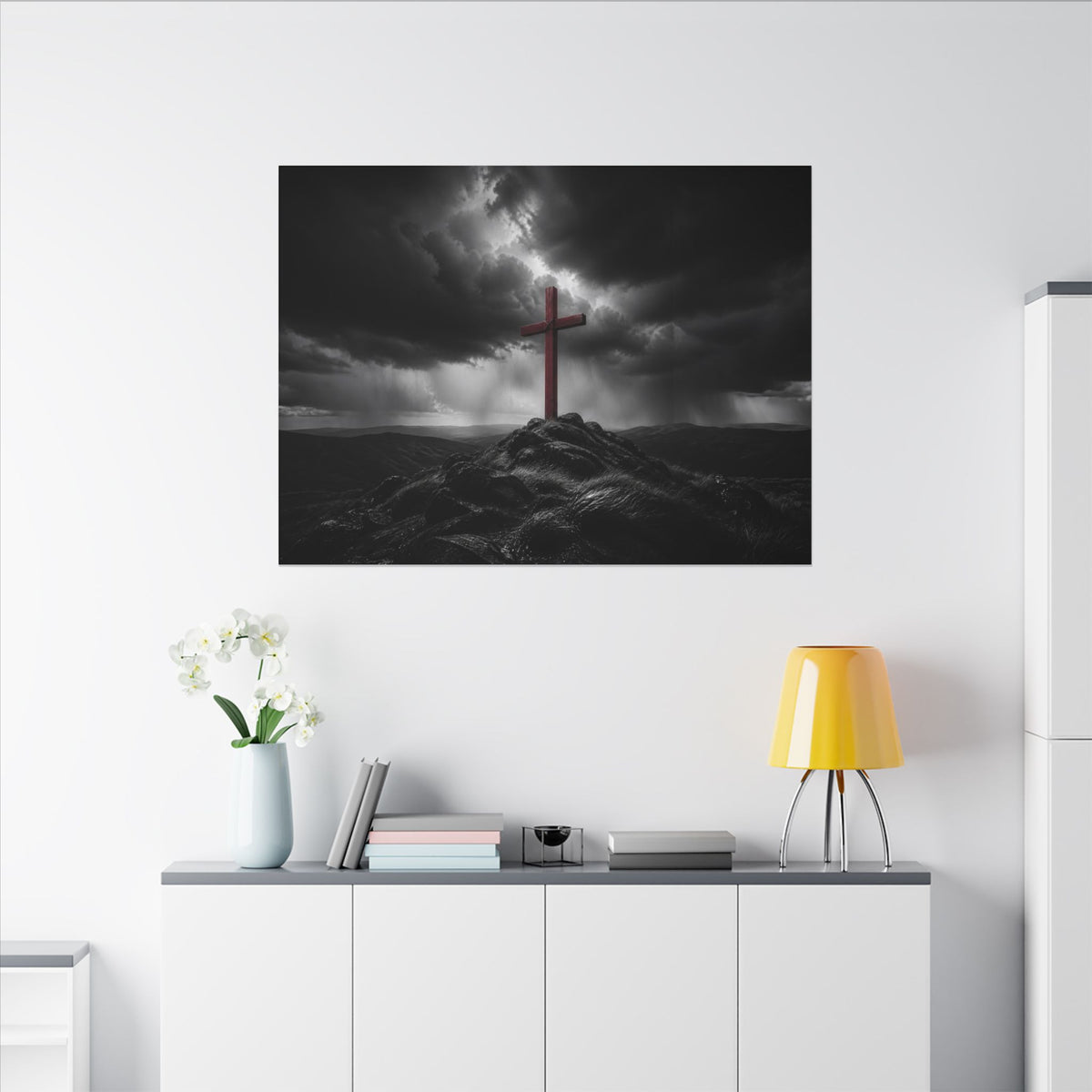 Red Cross in the Storm - Christian Cross Wall Art | Canvas (Landscape)