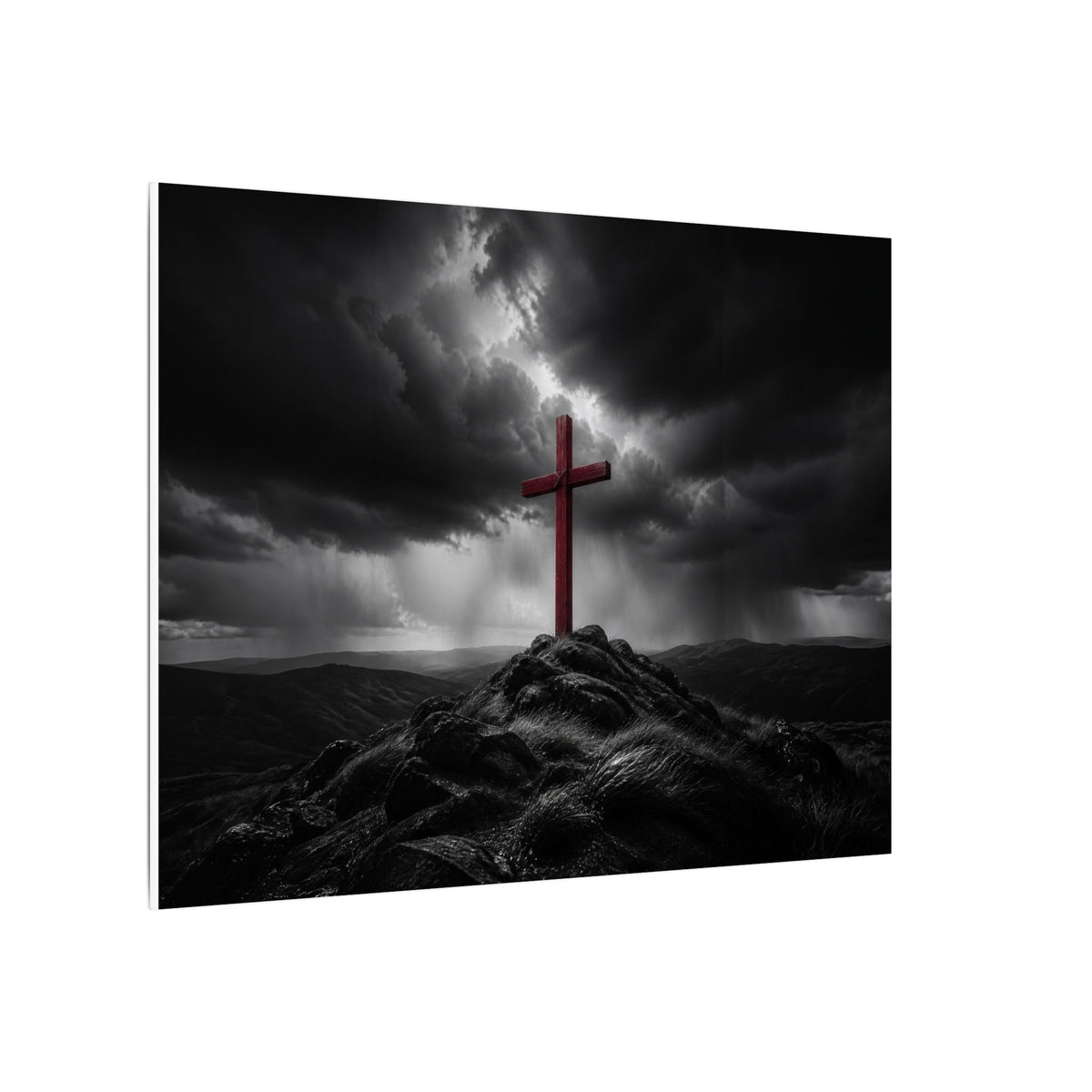 Red Cross in the Storm - Christian Cross Wall Art | Canvas (Landscape)