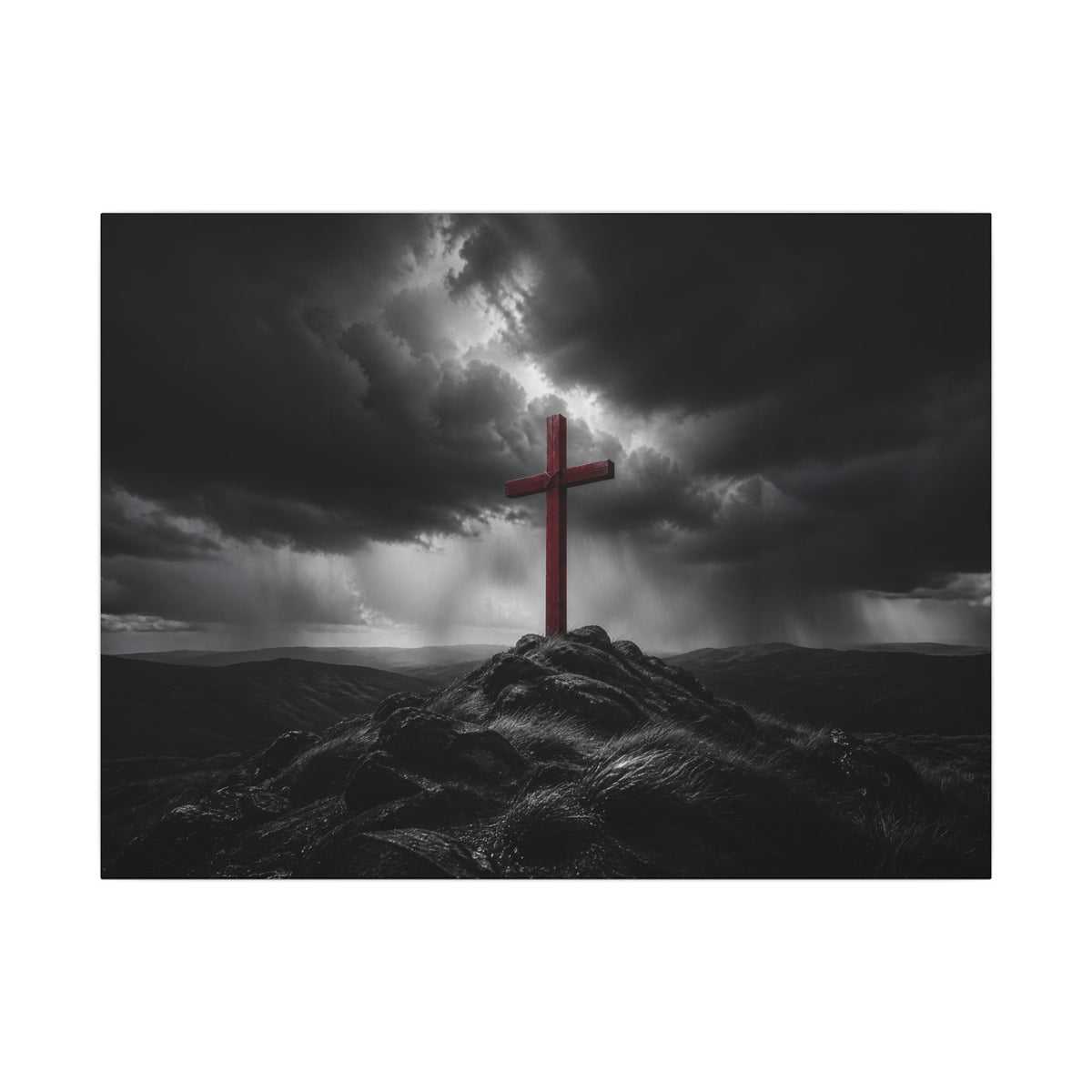 Red Cross in the Storm - Christian Cross Wall Art | Canvas (Landscape)