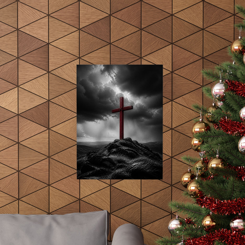 Red Cross in the Storm - Christian Cross Wall Art | Matte Poster