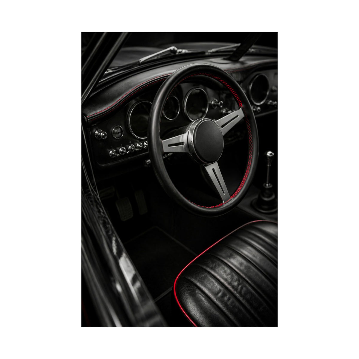 Red Stitch Cockpit - Classic Car Interior Wall Art | Matte Poster