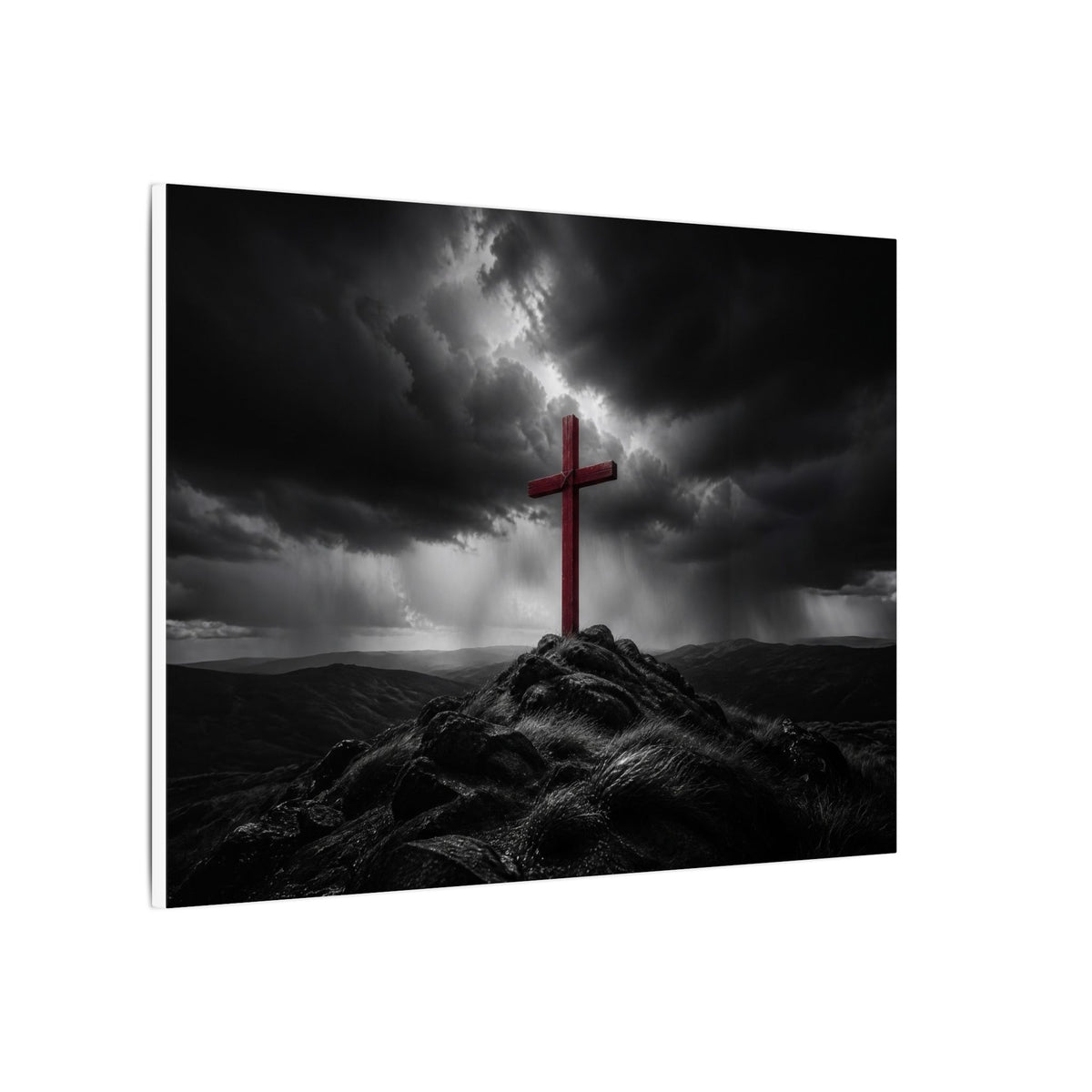 Red Cross in the Storm - Christian Cross Wall Art | Canvas (Landscape)