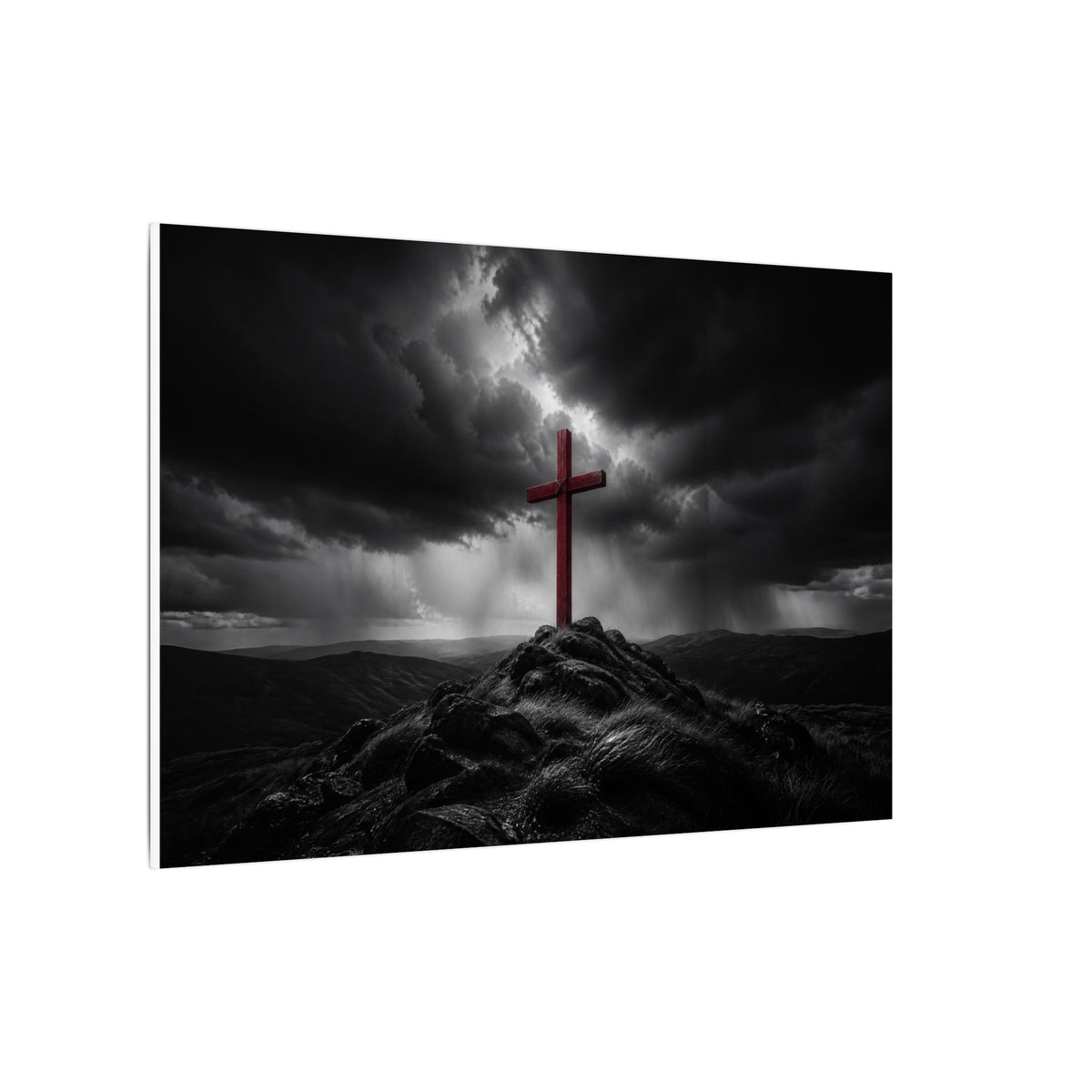 Red Cross in the Storm - Christian Cross Wall Art | Canvas (Landscape)