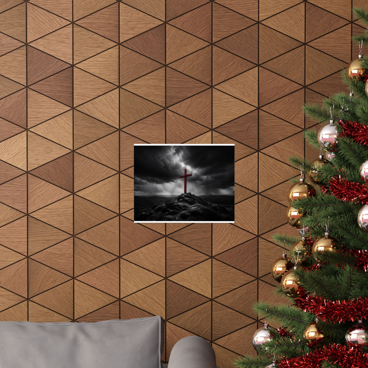Red Cross in the Storm - Christian Cross Wall Art | Matte Poster (Landscape)