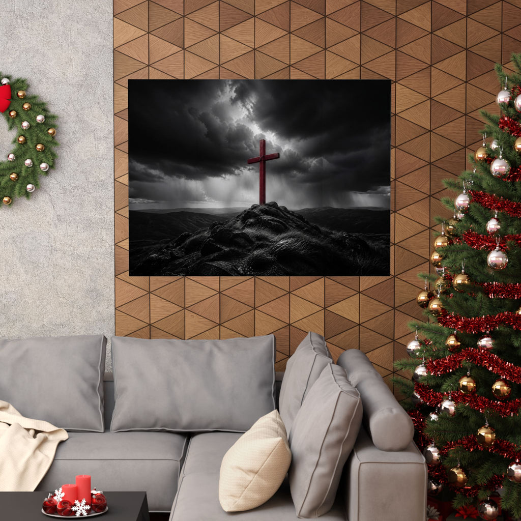 Red Cross in the Storm - Christian Cross Wall Art | Matte Poster (Landscape)