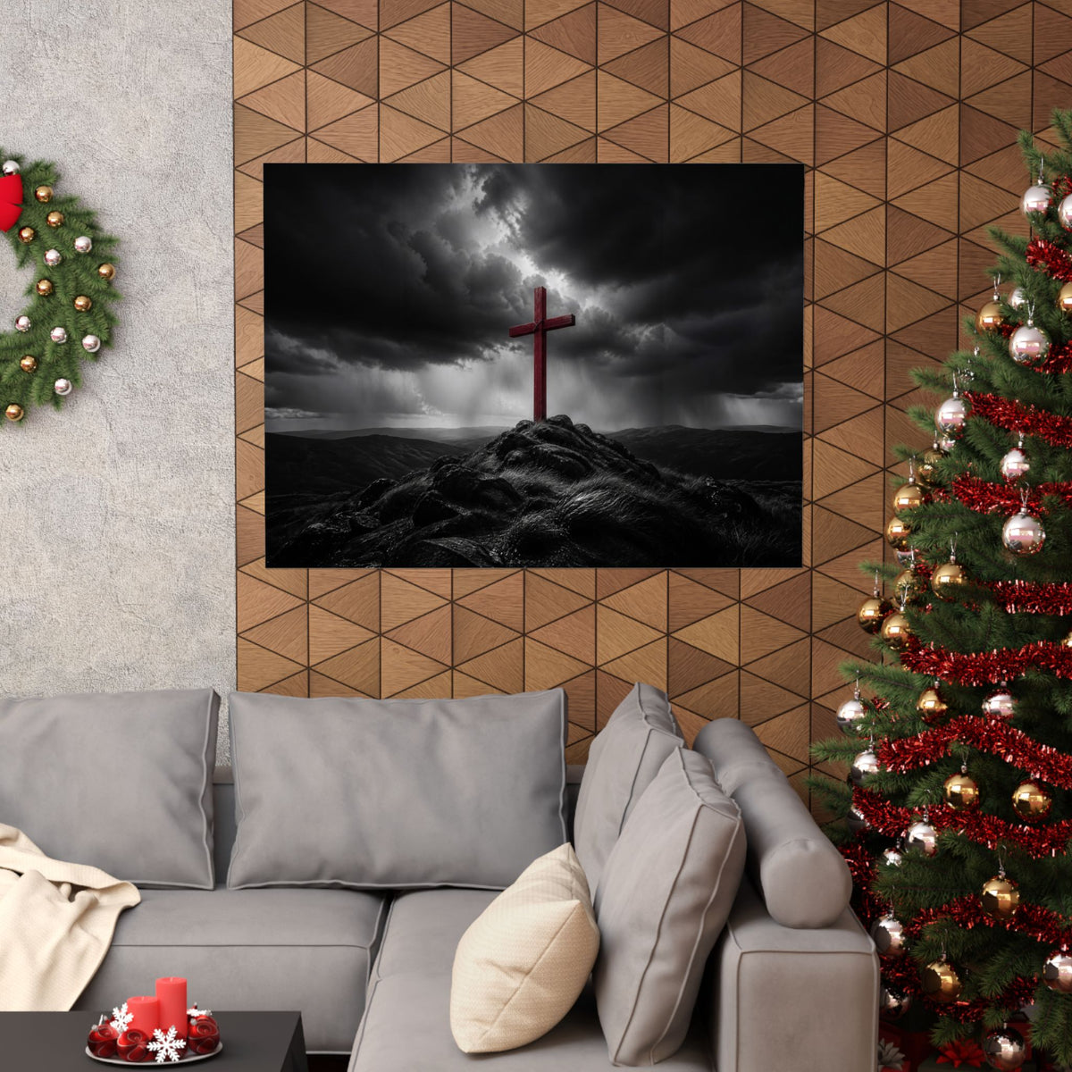 Red Cross in the Storm - Christian Cross Wall Art | Matte Poster (Landscape)
