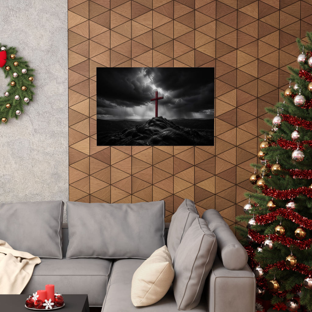 Red Cross in the Storm - Christian Cross Wall Art | Matte Poster (Landscape)