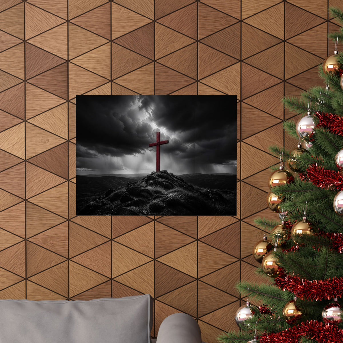 Red Cross in the Storm - Christian Cross Wall Art | Matte Poster (Landscape)
