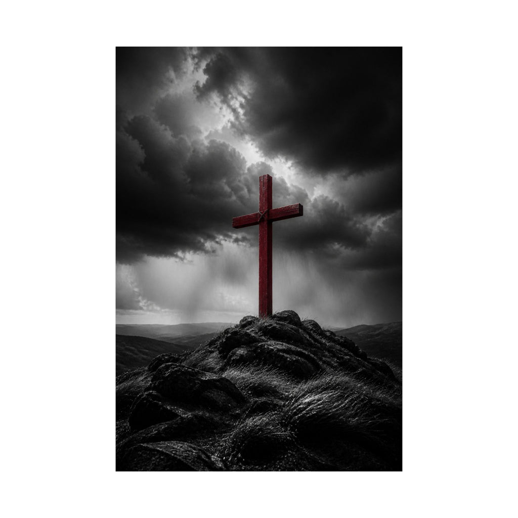 Red Cross in the Storm - Christian Cross Wall Art | Matte Poster