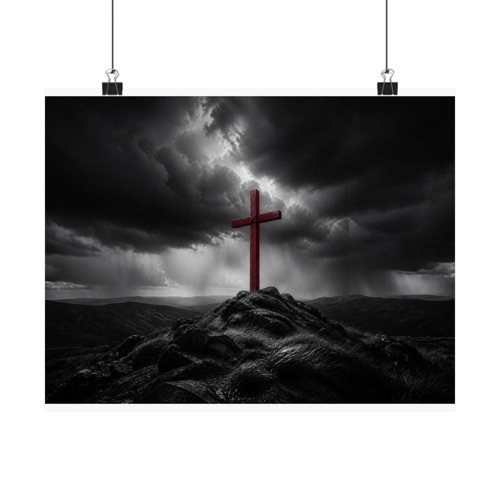 Red Cross in the Storm - Christian Cross Wall Art | Matte Poster (Landscape)