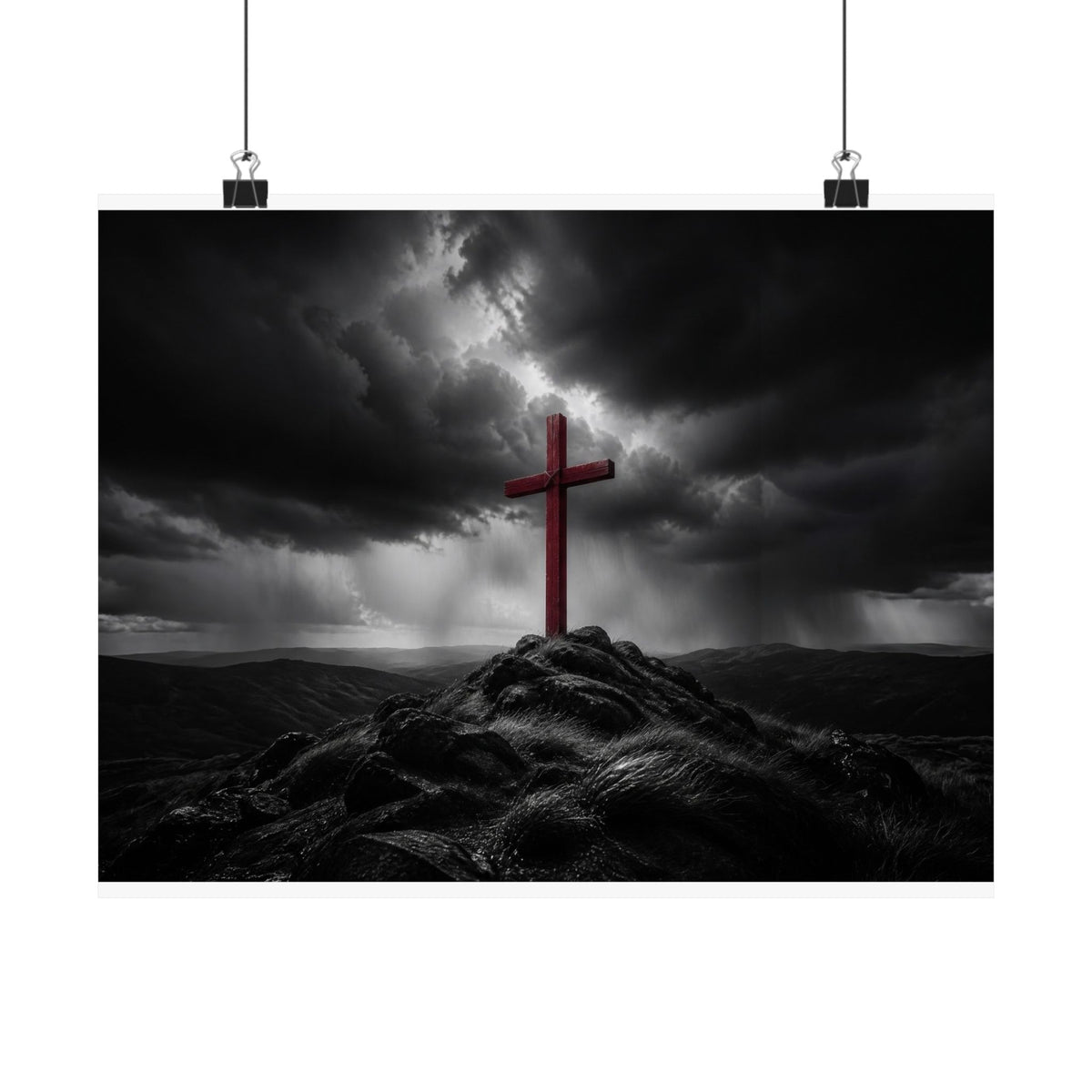 Red Cross in the Storm - Christian Cross Wall Art | Matte Poster (Landscape)