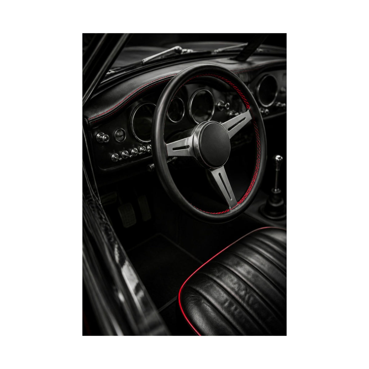 Red Stitch Cockpit - Classic Car Interior Wall Art | Matte Poster