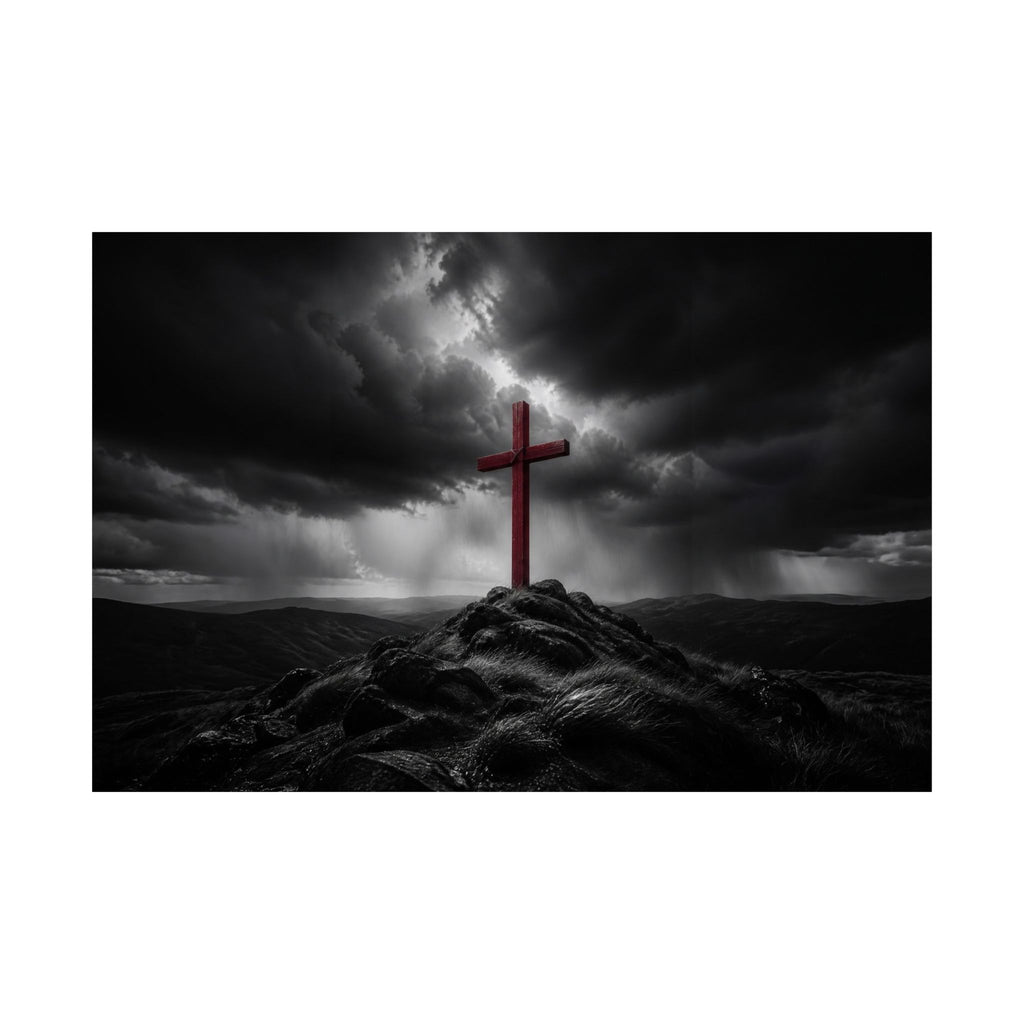 Red Cross in the Storm - Christian Cross Wall Art | Matte Poster (Landscape)