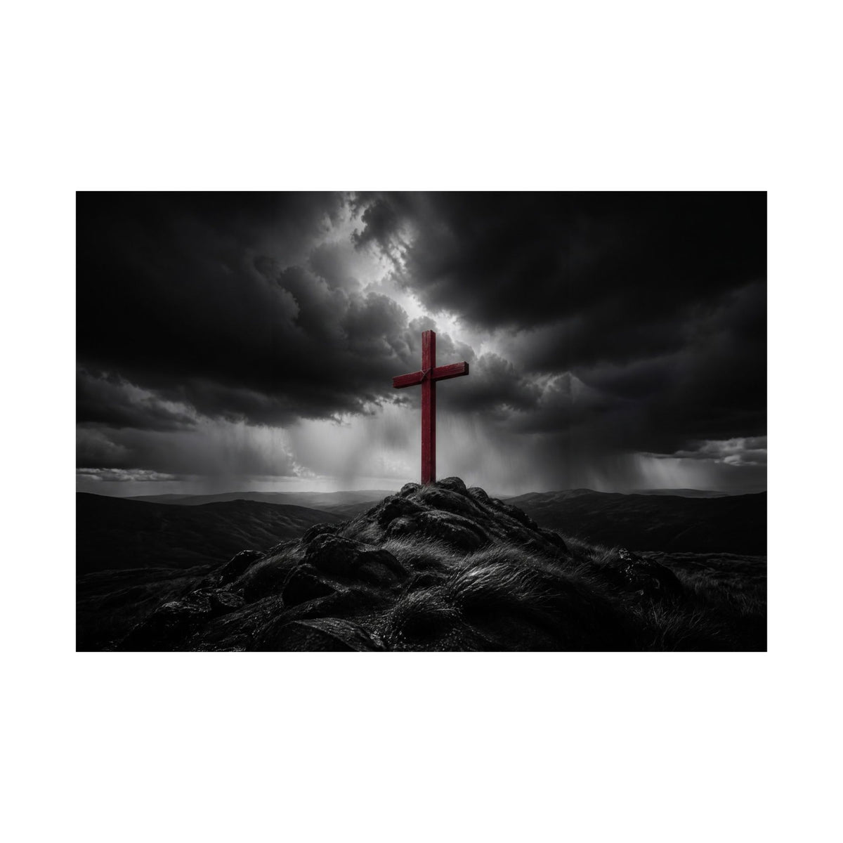 Red Cross in the Storm - Christian Cross Wall Art | Matte Poster (Landscape)