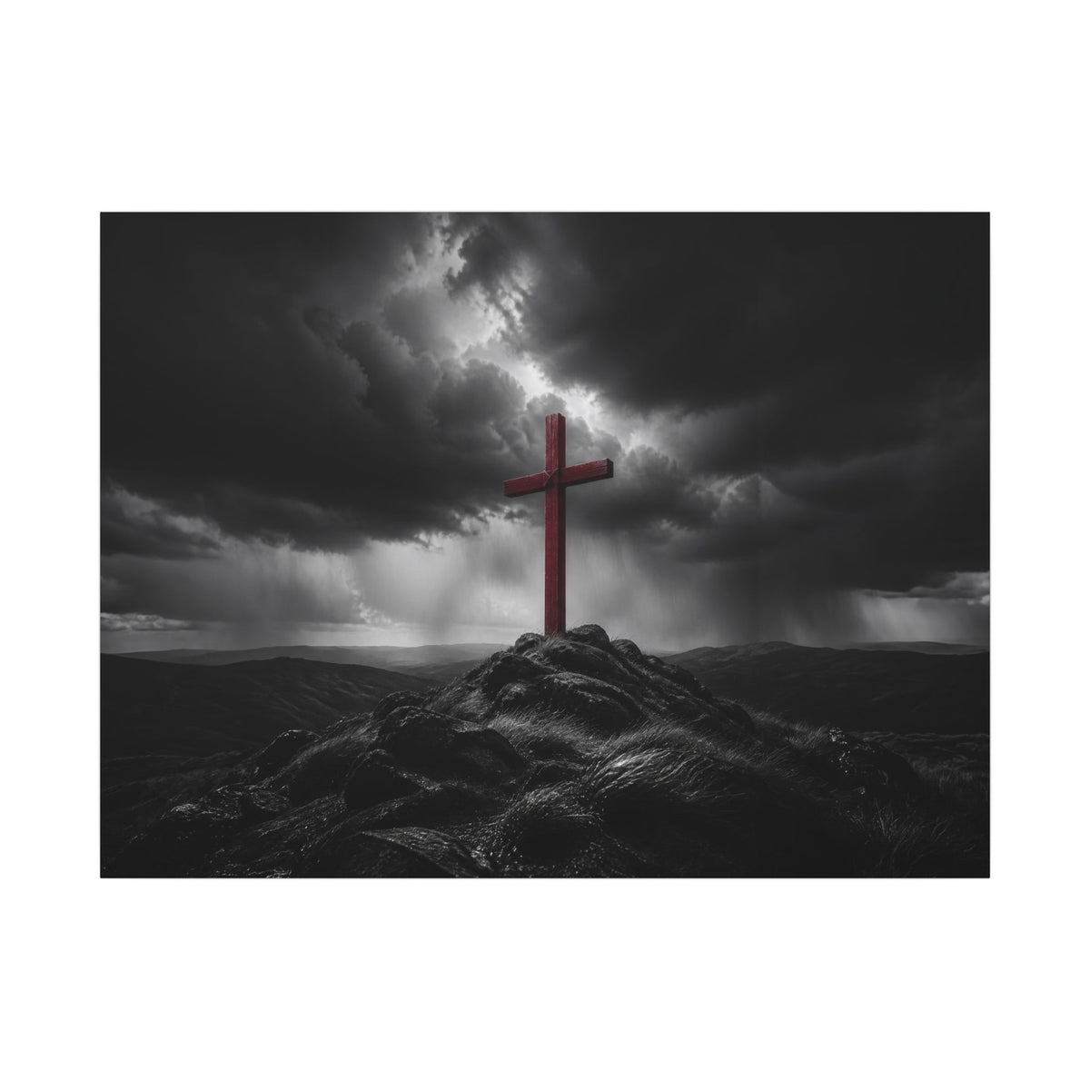 Red Cross in the Storm - Christian Cross Wall Art | Canvas (Landscape)