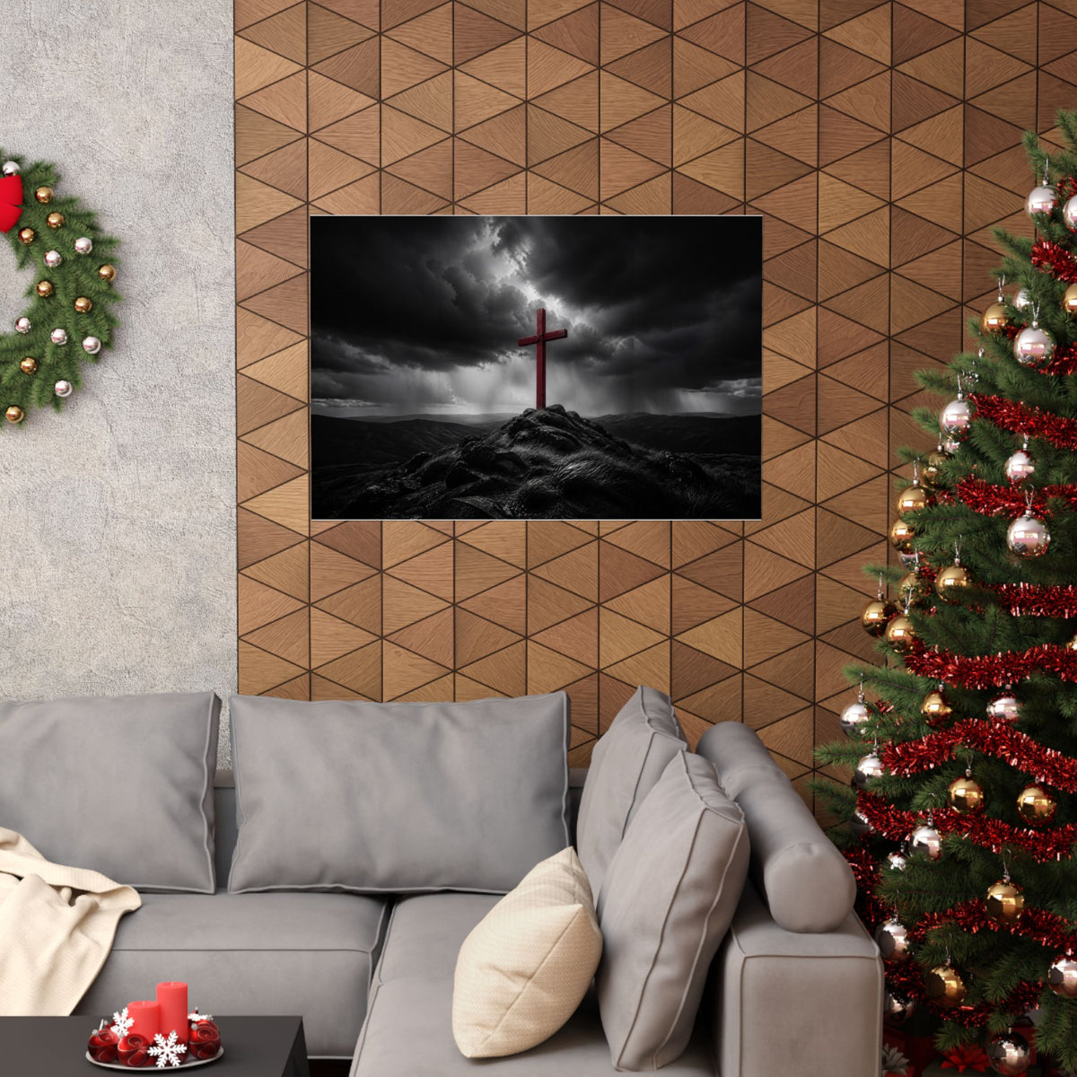 Red Cross in the Storm - Christian Cross Wall Art | Matte Poster (Landscape)