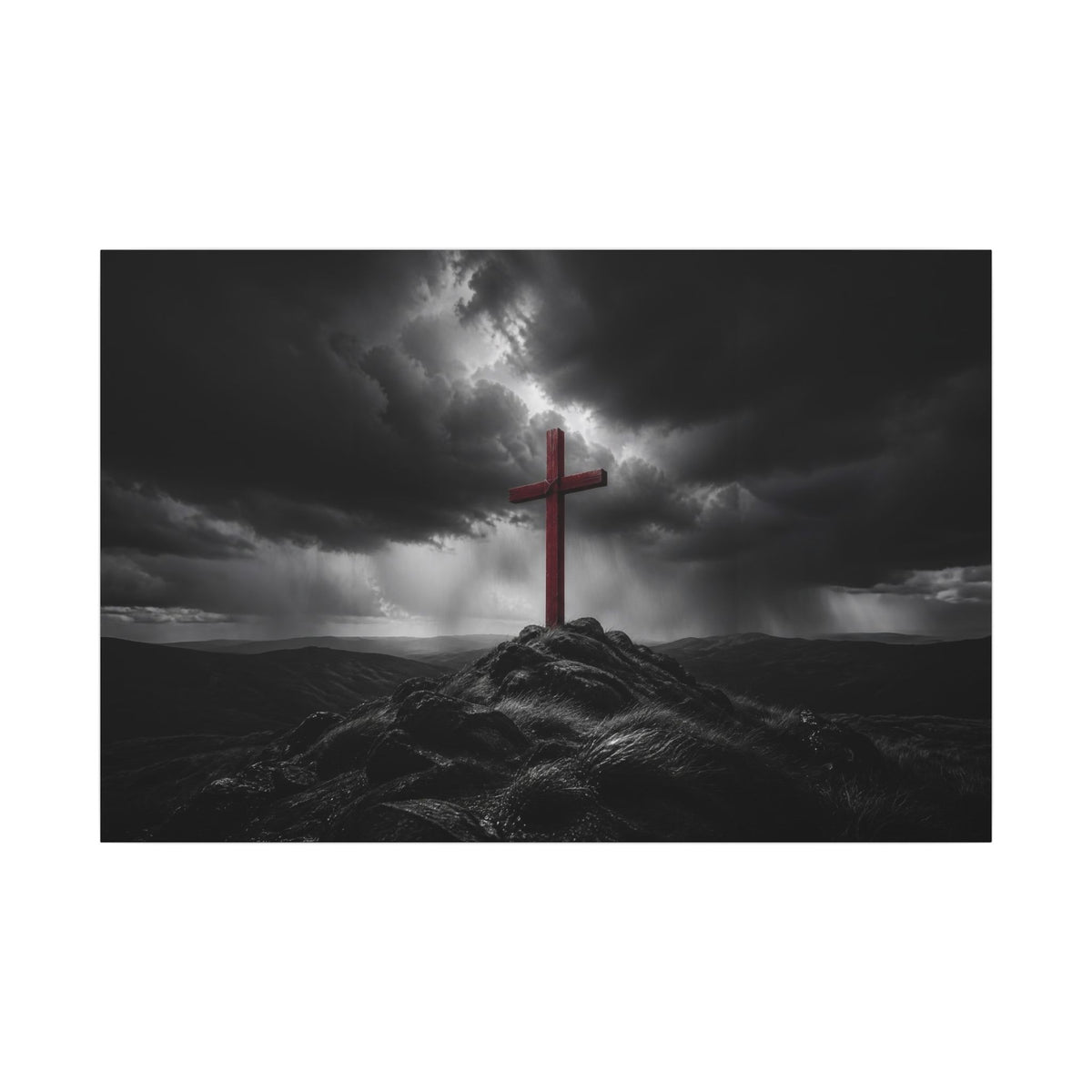 Red Cross in the Storm - Christian Cross Wall Art | Canvas (Landscape)