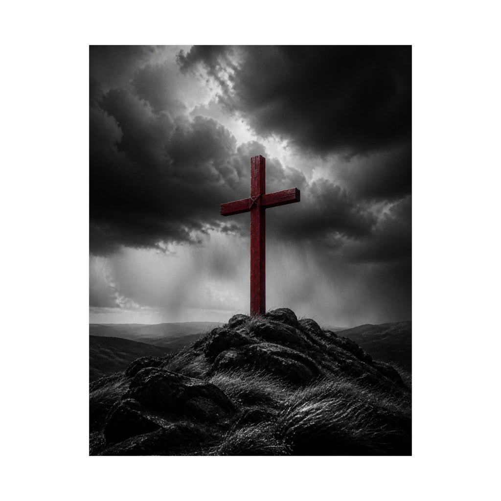 Red Cross in the Storm - Christian Cross Wall Art | Matte Poster