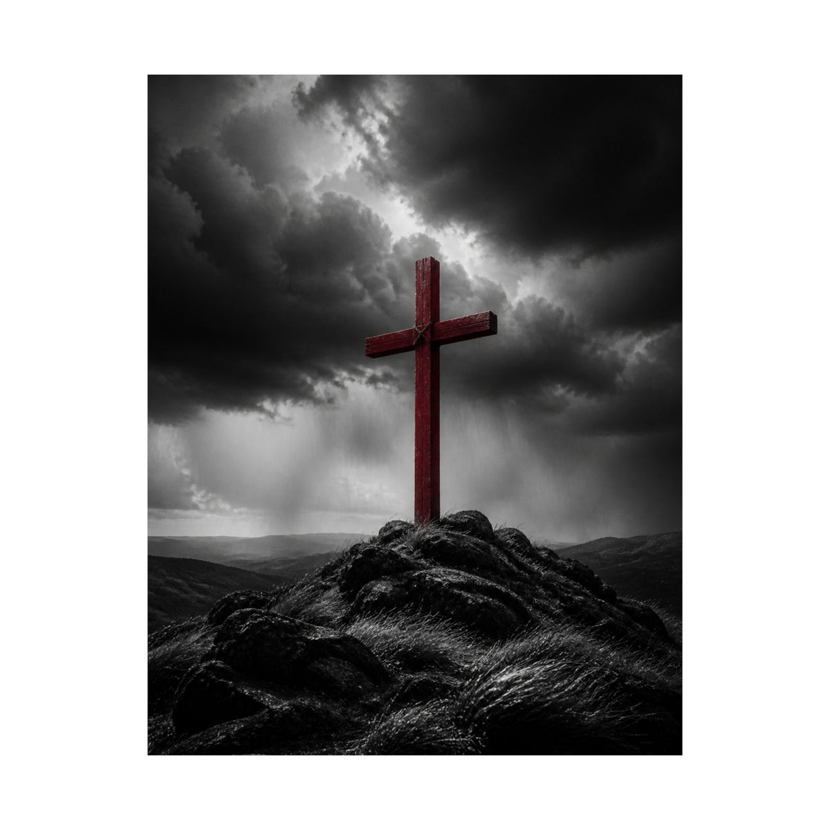 Red Cross in the Storm - Christian Cross Wall Art | Matte Poster