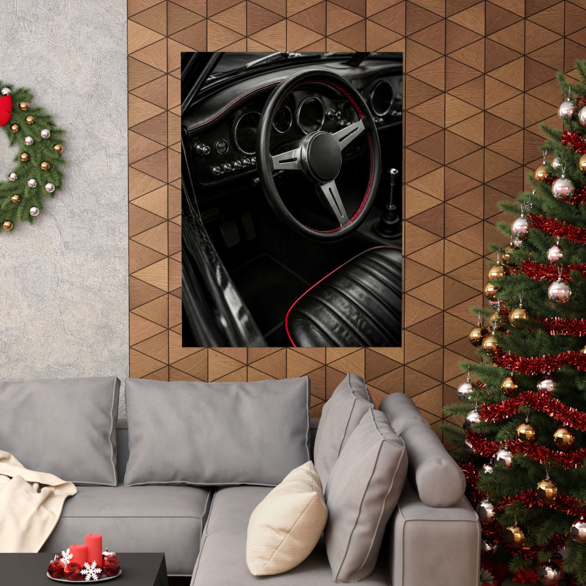 Red Stitch Cockpit - Classic Car Interior Wall Art | Matte Poster