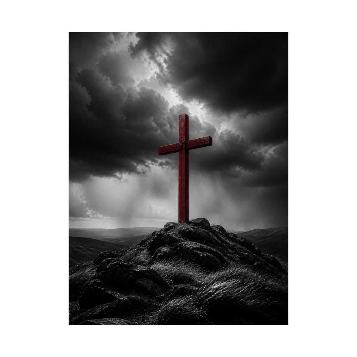 Red Cross in the Storm - Christian Cross Wall Art | Matte Poster