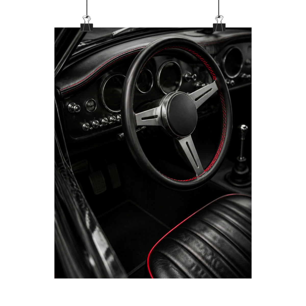 Red Stitch Cockpit - Classic Car Interior Wall Art | Matte Poster