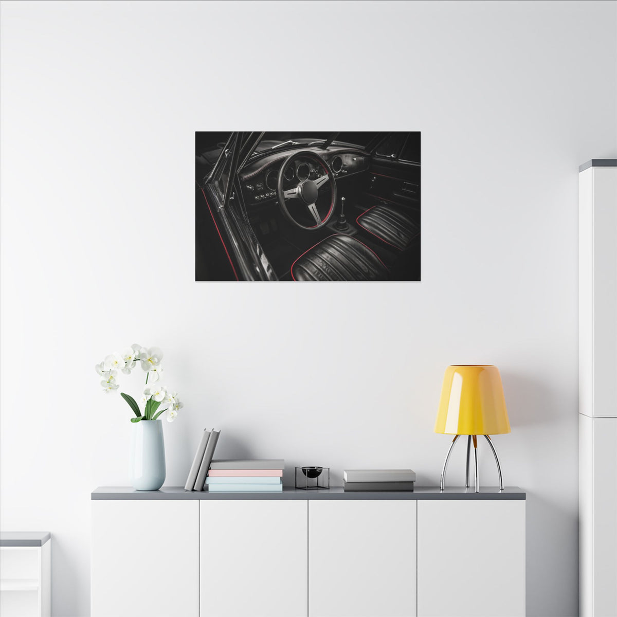 Red Stitch Cockpit - Classic Car Interior Wall Art | Canvas (Landscape)