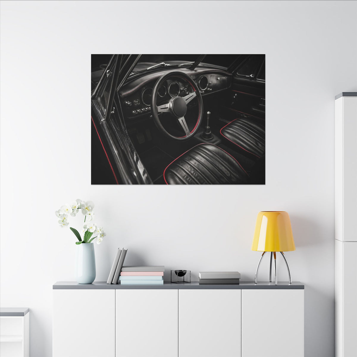 Red Stitch Cockpit - Classic Car Interior Wall Art | Canvas (Landscape)