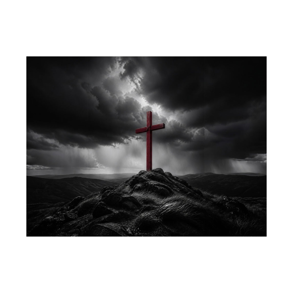 Red Cross in the Storm - Christian Cross Wall Art | Matte Poster (Landscape)
