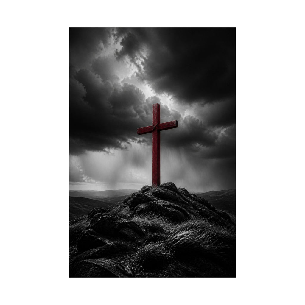 Red Cross in the Storm - Christian Cross Wall Art | Matte Poster