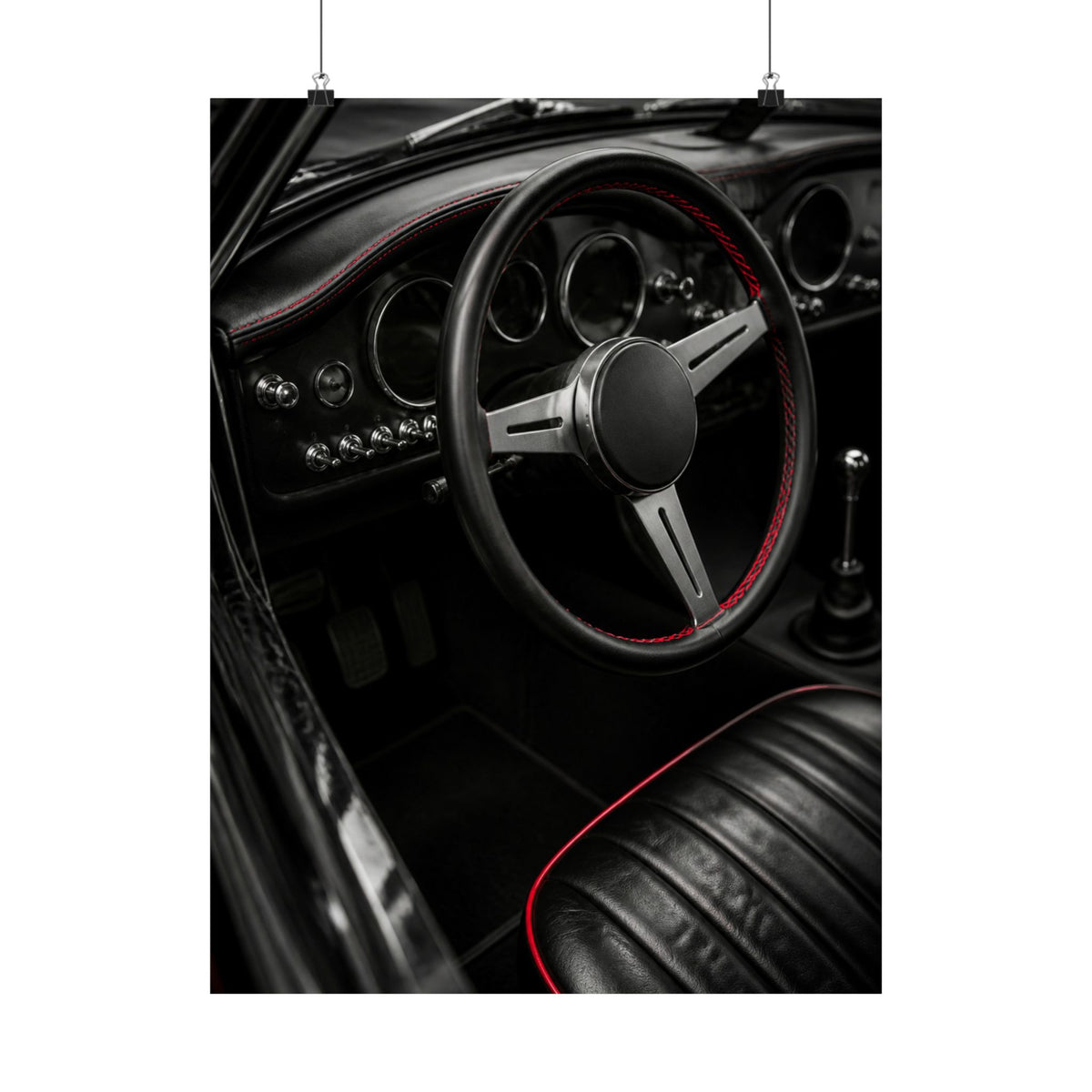 Red Stitch Cockpit - Classic Car Interior Wall Art | Matte Poster