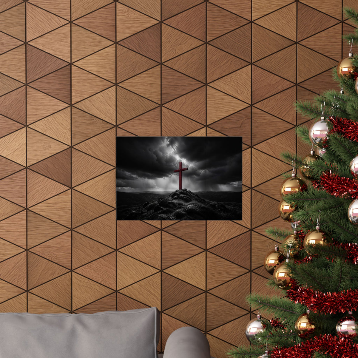 Red Cross in the Storm - Christian Cross Wall Art | Matte Poster (Landscape)