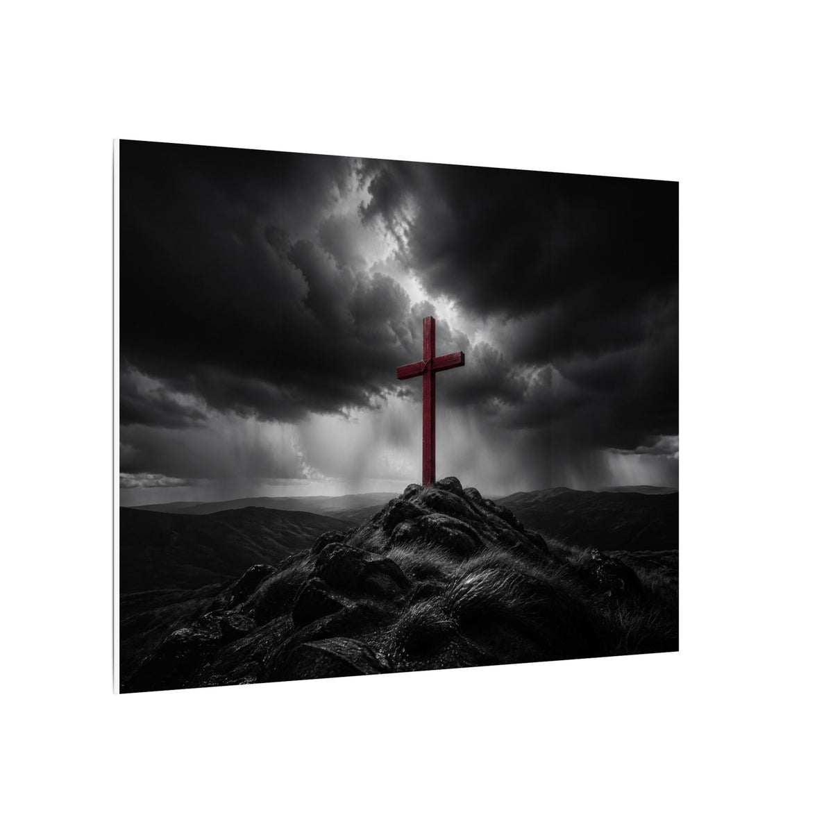 Red Cross in the Storm - Christian Cross Wall Art | Canvas (Landscape)